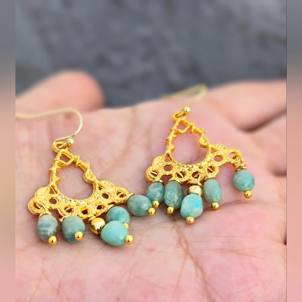 Amazon's Stone Of Hope  Amazonite In Mystical Filligree Gold Plated Earrings
